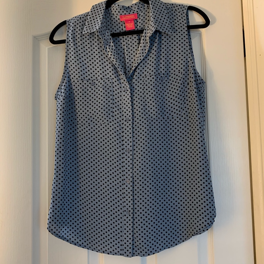 Blue polka dot sleeveless blouse